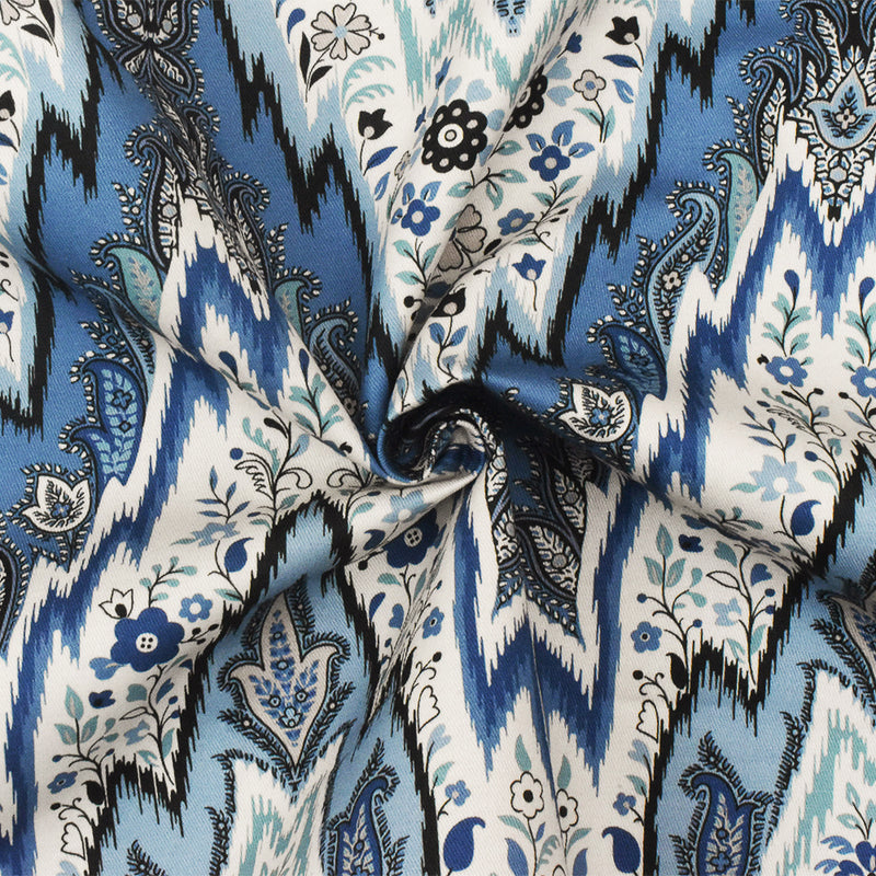 Blue-Multi Designer Paisley Ikat Printed Cotton Twill Decorating Fabric