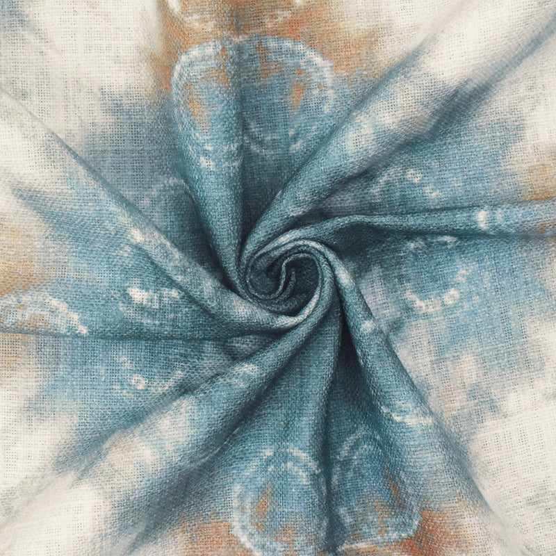 Teal-Orange-White Tie Dye Printed Linen Woven Home Decorating Fabric