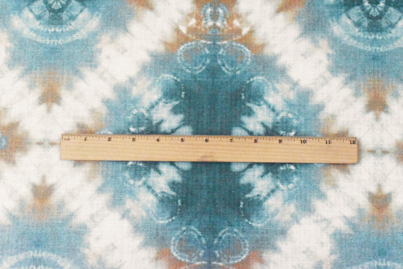 Teal-Orange-White Tie Dye Printed Linen Woven Home Decorating Fabric