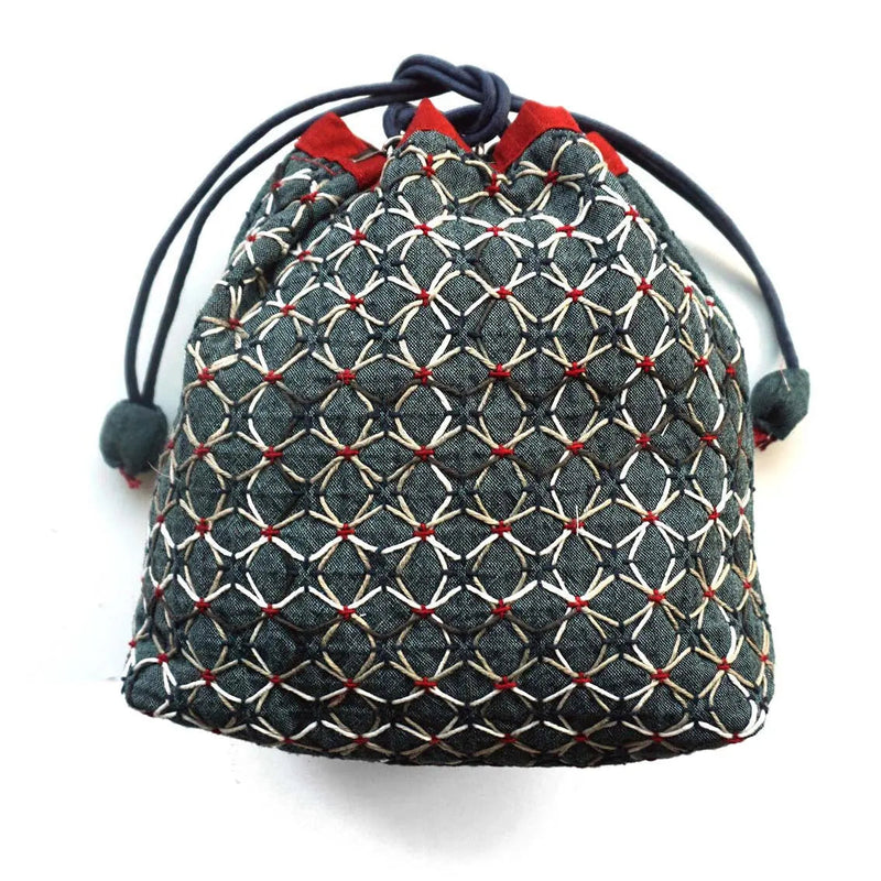 Drawstring Bag with KOKI Weaving Sashiko Hydrangea Half Kit Blue