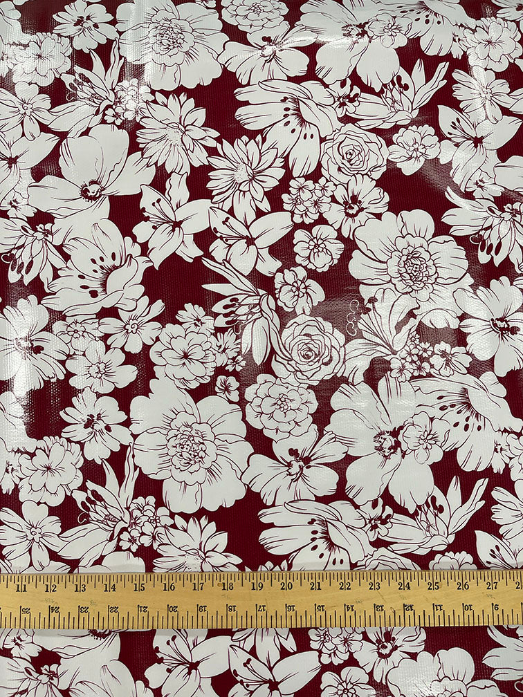 Wine White Floral Oilcloth Fabric - Reorderable