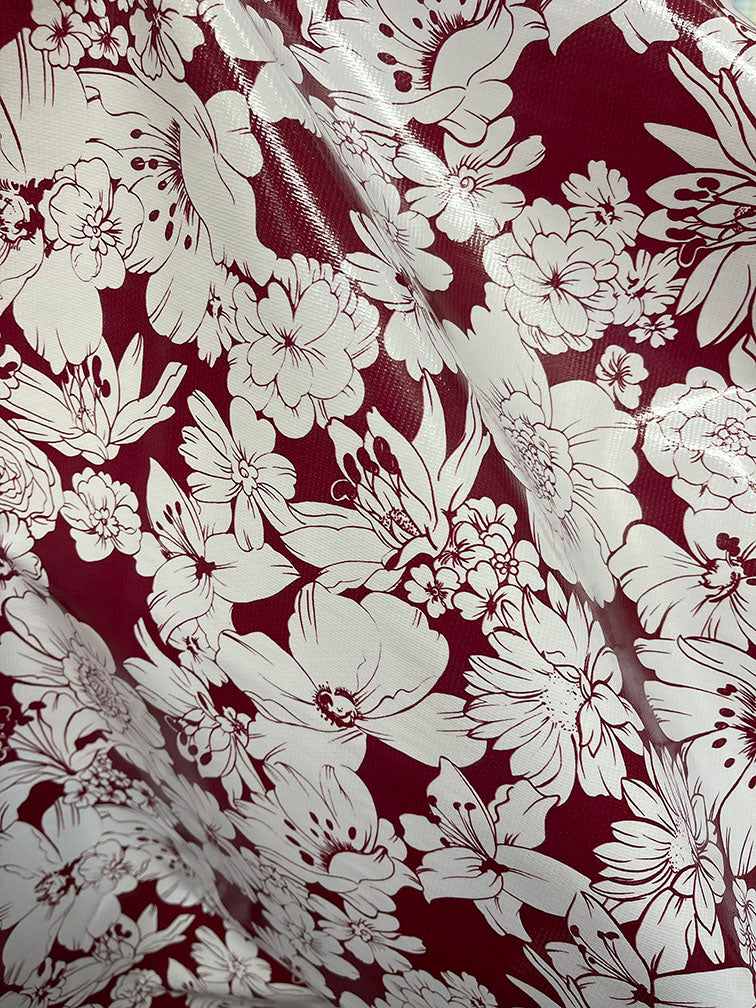Wine White Floral Oilcloth Fabric - Reorderable