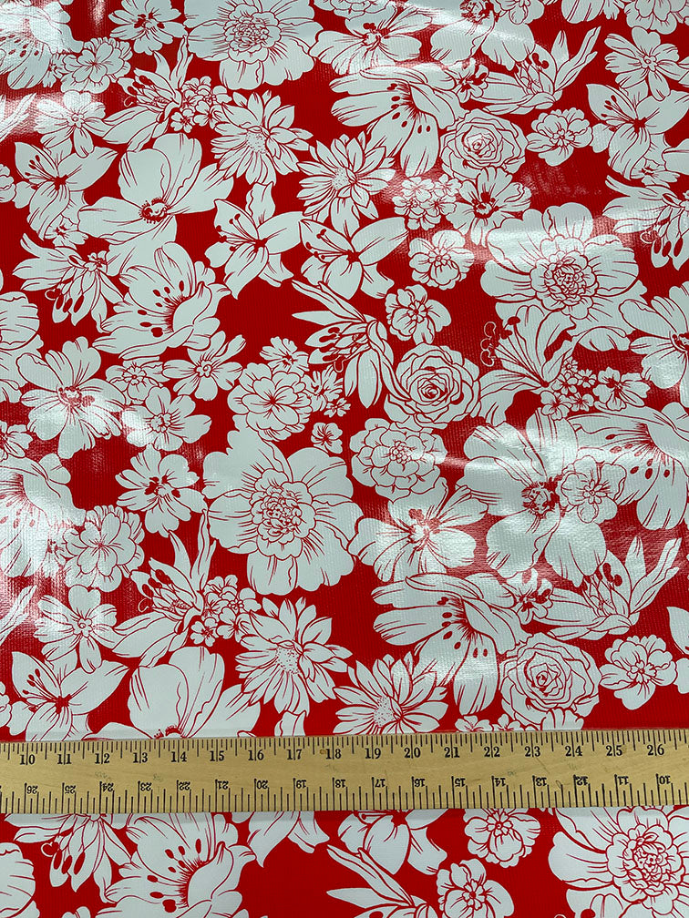 Red White Floral Oilcloth Fabric - Reorderable