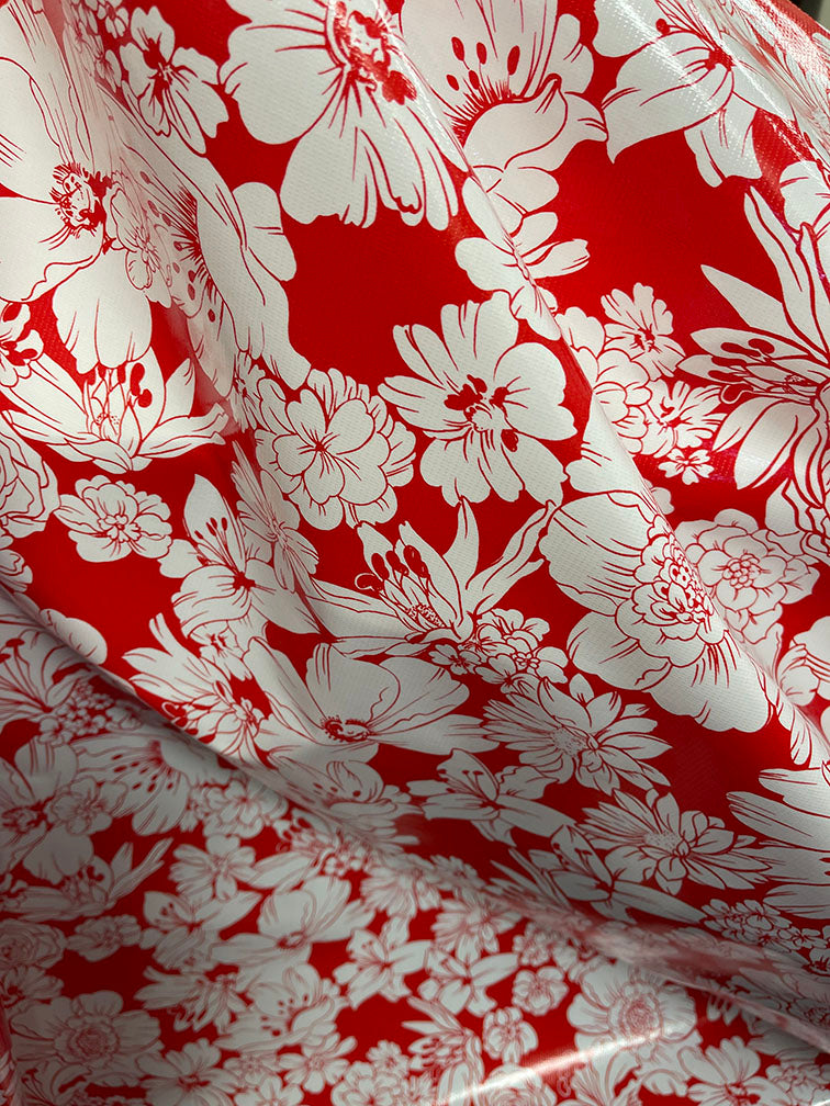 Red White Floral Oilcloth Fabric - Reorderable