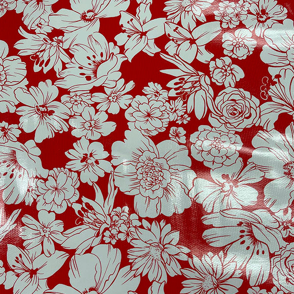 Red White Floral Oilcloth Fabric - Reorderable
