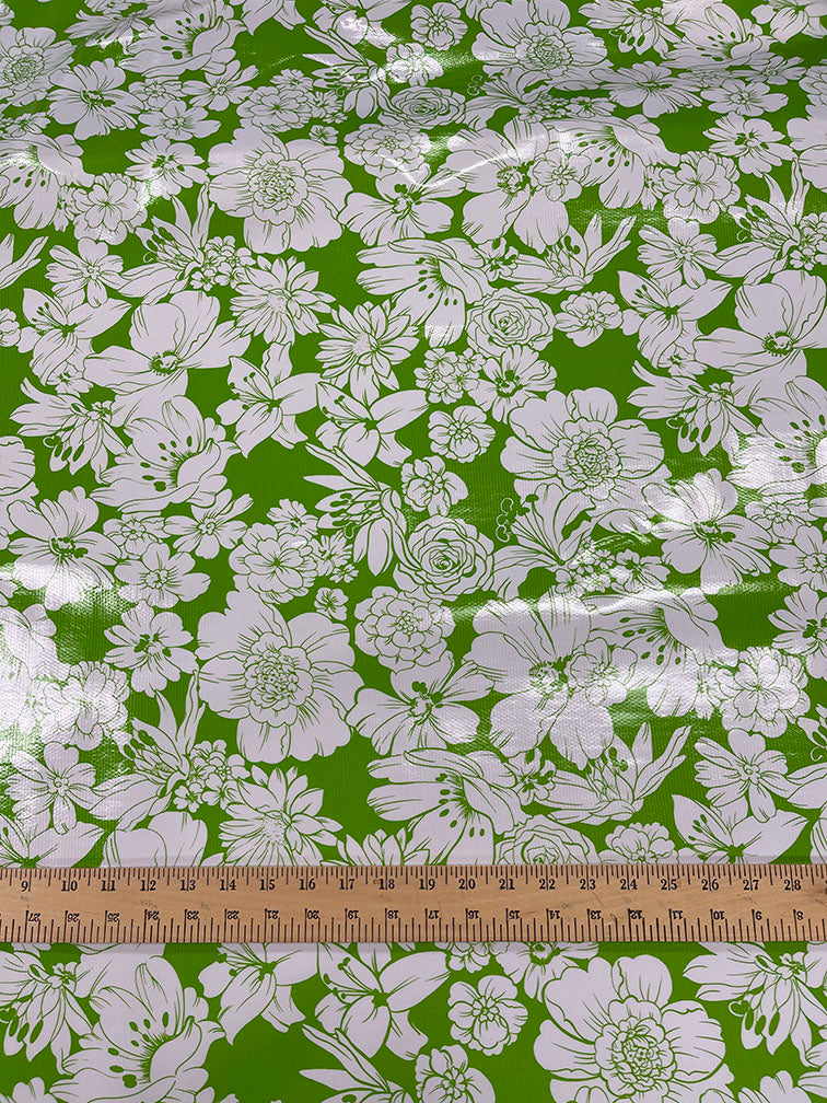 Green White Floral Oilcloth Fabric - Reorderable