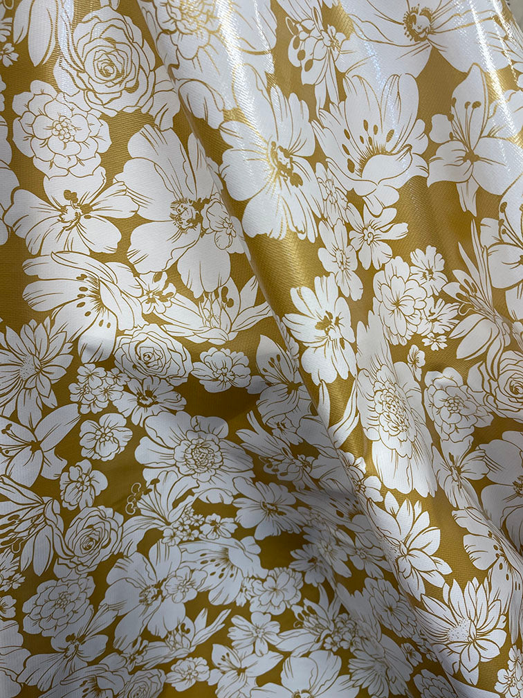 Gold White Floral Oilcloth Fabric - Reorderable