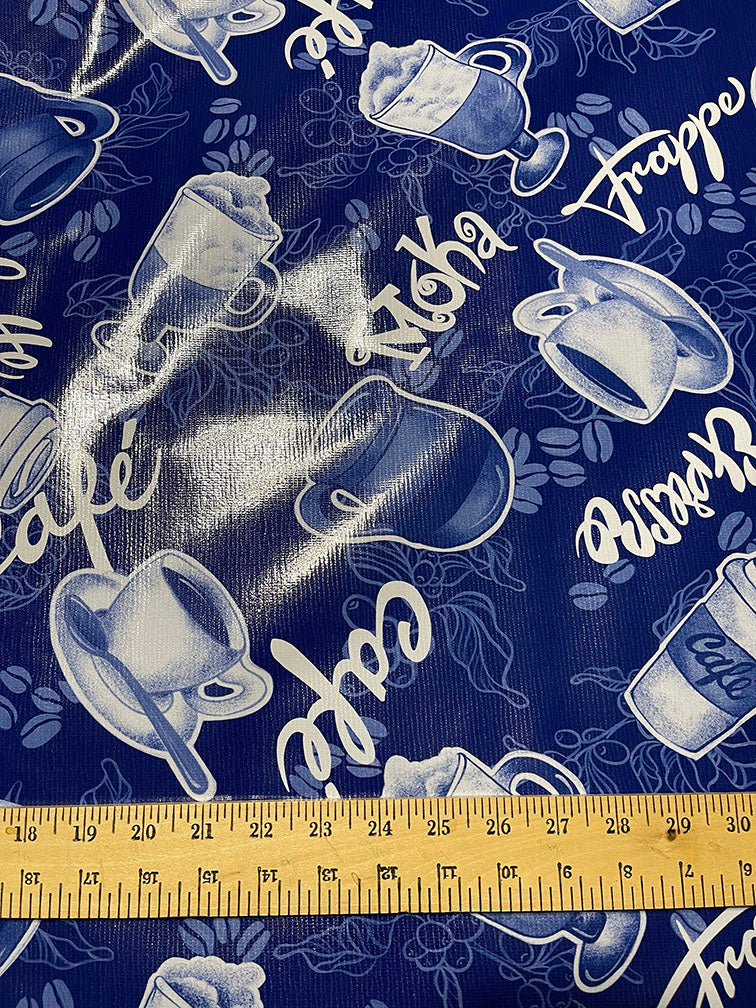 Blue Coffee Oilcloth Fabric - Reorderable