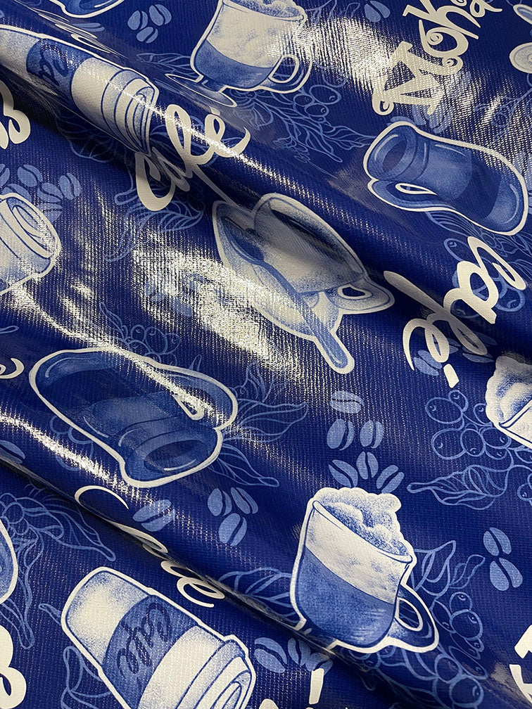 Blue Coffee Oilcloth Fabric - Reorderable