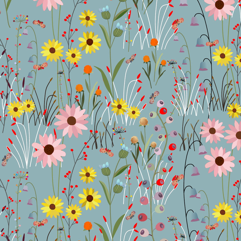 Powder Blue Over The Hill View 43"/44" Cotton Fabric Per Yard